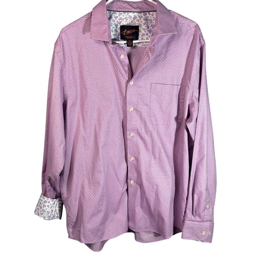Egara Mens XL‎ Slim Fit Stretch Non Iron Dress Shirt Purple White Micro Pattern